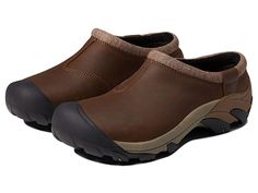 KEEN Targhee II Clog - Men's Clog Shoes : Dark Earth/Black : Get that rugged look while carrying out your daily adventures with ease and comfort wearing the KEEN Targhee II Clogs. Upper is made of environmentally preferred premium leather from an LWG-certified tannery. Breathable textile lining. Removable PU insole for long-lasting comfort. Iconic KEEN fit with generous space across forefoot for toes to spread out. Eco odor control technology to repel odor and keep your feet fresh all day. Slip- Rugged Slip-on Outdoor Walking Shoes, Rugged Slip-on Walking Shoes For Outdoor, Rugged Outdoor Slip-on Walking Shoes, Durable Closed Toe Clogs For Outdoor Activities, Outdoor Clogs With Cushioned Footbed And Round Toe, Comfortable Durable Clogs For Outdoor Activities, Casual Brown Clogs For Outdoor Activities, Comfortable Durable Outdoor Clogs, Rugged Outdoor Clogs With Rubber Sole