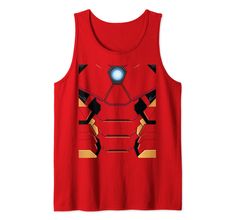 a red tank top with iron man's face on it