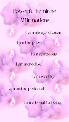 pink clouds with the words powerful feminine affirmations