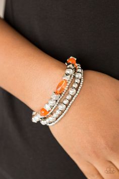 Mismatched silver beads and glassy orange beads are threaded along stretchy bands, creating colorful layers across the wrist.

 Sold as one set of four bracelets. Orange Jewelry, Clean Fashion, Orange Bracelet, Orange Necklace, Paparazzi Accessories, Stretchy Bracelets, Paparazzi Jewelry, One Set, Accessories Bracelets