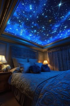 the ceiling is covered in stars and blue lights, as if they were falling from the sky