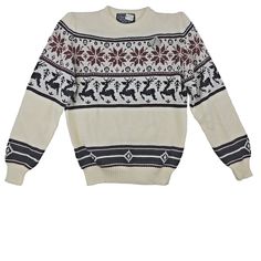 Get into the holiday spirit with this vintage Barnaby Fair Isle knit sweater. The ivory sweater features a chunky-knit design with snowflakes and deer accents, perfect for skiing or casual wear. The crew neck and long sleeves make it suitable for travel or workwear. The sweater is made of acrylic and is machine washable for easy care. It's a regular fit, size M, and suitable for men. The sweater has a classic pullover style and is perfect for the winter or fall season. The pattern is argyle/diamond, and the fabric type is knit. This sweater is a great addition to any holiday-themed wardrobe. Thank You! Deer Sweater, Holiday Knits, Ski Sweater, Snow Flakes, Ivory Sweater, Fair Isle Knitting, Knitting Designs, Fall Season, Fair Isle