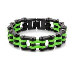 This Cool Kawasaki Green men's bike bracelet with black rings is the perfect piece to add some respect to your look. This bracelet is available in 6 different sizes from 7.5"-10" in length by 16mm wide (contact us if you need a custom size) packaged in a Cycolinks smart Cycolinks velvet bag. Adjustable Durable Black Chain Bracelet, Black Link Jewelry For Streetwear, Black Chain Link Bracelet, Casual Black Chain Bracelet, Adjustable Black Link Chain Bracelet, Black Bracelet Jewelry For Outdoor, Black Outdoor Bracelet Jewelry, Casual Black Durable Wristband, Modern Black Bracelets For Streetwear