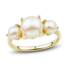 Three lustrous freshwater cultured pearls measuring approximately 8-8.5mm nestle elegantly along the top of this stunning women's ring, fashioned in shimmering 14K yellow gold. Classic Gold Pearl Ring With High Luster, Yellow Gold Pearl Drop Ring, Classic High Luster Pearl Ring For Anniversary, Anniversary Akoya Pearl Rings, Classic High Luster Pearl Ring, High Luster Rings For Anniversary, High Luster Wedding Rings, Pearl White Pearl Ring For Anniversary, High Luster Pearl Ring For Anniversary