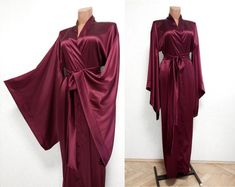 Silk kimono robe, silk robe, Bridal robe, kimono robe, long silk robe, red kimono, wedding kimono, c Elegant Satin V-neck Kimono, Elegant V-neck Kimono For Wedding, Elegant V-neck Wedding Kimono, V-neck Satin Kimono For Party, Satin V-neck Kimono For Party, Party Satin V-neck Kimono, Elegant Night Robe With V-neck, Party Satin Kimono With Satin Finish, Party Satin Finish Kimono