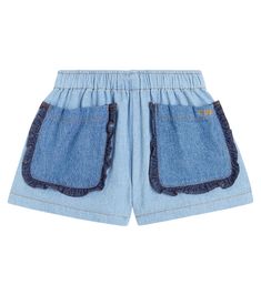 Ruffle-trimmed cotton shorts in blue - Tinycottons | Mytheresa Cotton Bottoms With Built-in Shorts And Cutoff Shape, Denim High-waisted Shorts With Side Pockets, High-waisted Denim Shorts With Side Pockets, Denim Shorts With Side Pockets, Spring Cutoff Shorts With Pockets, Blue Short Bottoms With Patch Pockets, Summer Denim Shorts With Side Pockets, Spring Jean Shorts With Side Pockets, Short Cotton Bottoms With Patch Pockets