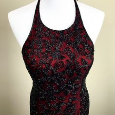 Black Silk, Halter Top Design, Two Beaded Straps, Deep Scoop Back, Zipper Back, Red Lining, Shell Is 100% Silk, Lining Polyester . Worn Only Once Fitted Sequin Evening Dress For Red Carpet, Red Carpet Fitted Evening Dress With Sequins, Glamorous Fitted Embroidered Evening Dress, Embroidered Fitted Evening Dress For Party, Fitted Embroidered Evening Dress For Party, Glamorous Embroidered Evening Gown, Fitted Gown For Red Carpet Evening, Glamorous Evening Gown With Embroidery, Sleeveless Sequin Gown For Red Carpet