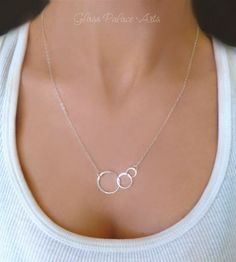 Infinity Necklace - Linked Circle Necklace - Circle Pendant Necklace - Eternity Necklace - Triple Circle Silver Hoop Necklace- Gift For Her Short Silver Necklace, Diamond Cross Necklace Gold, Diamond Cross Necklaces, Chula Vista, Circle Pendant Necklace, Diamond Cross Pendants, Infinity Necklace, Gold Diamond Necklace, Cluster Necklace