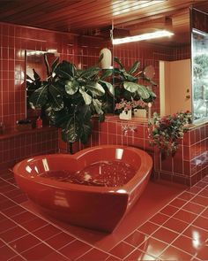 a bathroom with red tiles and plants in the tub