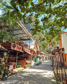 an alley way with lots of shops on both sides and trees hanging over the walkway