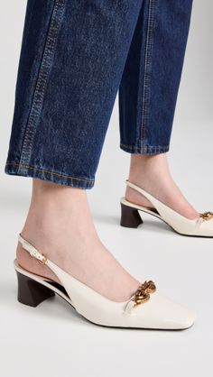 Tory Burch 55mm Jessa Slingbacks | Shopbop Heel Caps, Slingbacks, Gold Branding, Light Cream, Cream And Gold, Rubber Heels, Work Outfits, High Heel Shoes, Work Outfit