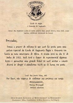 an old document with writing on it that says hogwart's school of witches and wizardry