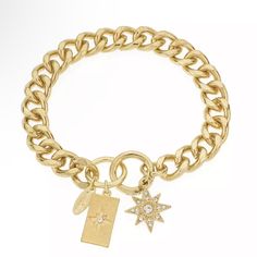 New With No Tag A Bold Chain-Link Bracelet With Sparkling Celestial Charms. Set In 18k Gold Plated Brass, Glass Approximate Circumference- 7.5" Ring Clasp Closure Wipe Clean Imported Gold Bracelet With Star Charm, Gold Bracelet Jewelry With Star Charm, Everyday Metal Jewelry With Star Charm, Gold Metal Bracelet With Star Charm, Gold Metal Bracelets With Star Charm, Everyday Star Charm Bracelet, Gold Celestial Charm Bracelet As A Gift, Yellow Gold Star Charm Bracelet, Elegant Star-shaped Chain Jewelry