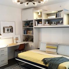 a bedroom with a bed, desk and bookshelf