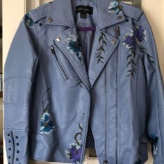 Nwot - Excellent Condition Colleen Lopes Fabulous Floral Moto Jacket Size - Small (4-6) Faux Leather - Embroidered Flowers Grommet Back (Gunmetal) Double Zipper Buckles On Side Fully Lined Embroidered Long Sleeve Leather Jacket For Spring, Long Sleeve Leather Jacket With Floral Embroidery For Winter, Winter Leather Jacket With Floral Embroidery And Long Sleeves, Embroidered Leather Jacket With Long Sleeves For Spring, Floral Embroidered Long Sleeve Leather Jacket For Winter, Blue Floral Print Fall Outerwear, Trendy Embroidered Leather Jacket For Fall, Blue Long Sleeve Leather Jacket For Spring, Blue Trendy Leather Jacket For Spring