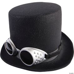 A new twist on a Victorian gentleman. Black topper with a ribbon band comes with a set of silver goggles with dark lenses. One Size fits most adults. Hat With Goggles, Aviator Goggles, Steampunk Top, Steampunk Top Hat, Steampunk Goggles, Black Top Hat, Steampunk Hat, Steampunk Accessories, Halloween Costume Accessories