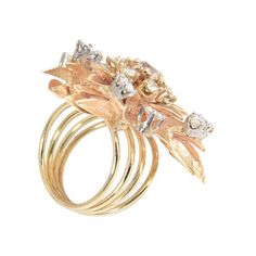 Large 1950s floral ring with over 2.50 carats in diamonds mounted in 14K yellow gold.  US size 6, can be sized.   The ornament measures  1.30" tall by 1.33" wide.  No maker's mark. Vintage Flower Shaped Diamond Ring, Vintage Diamond Flower Ring In Gold, Vintage Gold Diamond Flower Ring, Luxury Flower Shaped Cluster Ring, Exquisite Luxury Flower-shaped Rings, Luxury Exquisite Flower-shaped Rings, Exquisite Yellow Gold Flower-shaped Jewelry, Luxury Flower-shaped Cluster Ring With Brilliant Cut, Yellow Gold Cocktail Ring