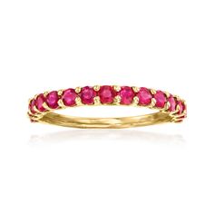 Ross-Simons - 1.10 ct. t. w. Ruby Ring in 14kt Yellow Gold. Size 7. An RS exclusive. Our rich, cinnamon-red 1.10 ct. t. w. round ruby ring is the perfect style for everyday stacking or solo wear. Crafted in polished 14kt yellow gold, it would also make a great July birthstone statement. 1/8" wide. Ruby ring. Ruby birthstones are the perfect gift for July birthdays. Ruby Eternity Ring, Cinnamon Red, Ruby Birthstone, Ring Ruby, Gold Sign, Yellow Gold Jewelry, Ruby Stone, July Birthstone, Perfect Style