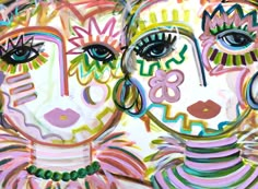 an abstract painting of two women's faces with different colors and designs on them