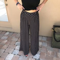 New With Tags, Black With Small Diamond Pattern, Wide Leg Flowy, High Waisted Pants With Slits On Either Side. Lightweight Material, Perfect For Summer, Festivals, Relaxed Weekend Looks. Size S Versatile Fitted Bottoms For Vacation, Casual Black Pants For Vacation, Black Trousers For Day Out, Black Relaxed Fit Wide Leg Pants For Day Out, Stretch Wide Leg Black Pants For Day Out, Trendy Black Wide Leg Pants For Vacation, Black Wide Leg Pants For Relaxed Day Out, Stretch Black Wide Leg Pants For Day Out, Black Straight Pants For Day Out