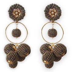 two pairs of earrings are hanging from hoops with beaded balls and beads on them