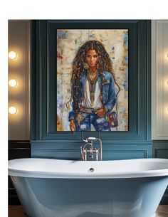 a bathroom with a tub and large painting on the wall above it's bathtub