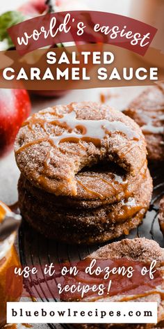 an image of caramel apple cider cookies on a cooling rack with apples in the background