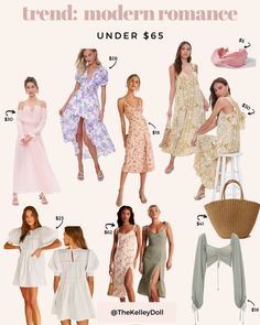 Trend Alert! I call this the modern romance trend— think feminine whimsical vibes, flowy silhouettes, puff sleeve peasant tops, floral print, and tie strap details on the shoulders. I curated this summer shopping guide of these ethereal, romantic outfits all under $65. #cottagecore #cottagecoreaesthetic #cottagecorefashion #floralprint #puffsleeves #knottedheadband #affordablefashion #budgetfashion Romantic Dresses Aesthetic, Romance Style Outfits, Modern Romance Outfit, Modern Romantic Style Fashion, Romance Core Outfits, Modern Romance Aesthetic, Romantic Asethic Outfits, Romantic Summer Dress, Ethereal Summer Outfits