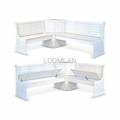 three white benches sitting next to each other