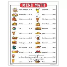 a menu with different types of food and drinks on it, including hamburgers, hotdogs, ketchup