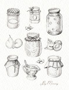 an ink drawing of jars and spoons with apples, pears, and other items