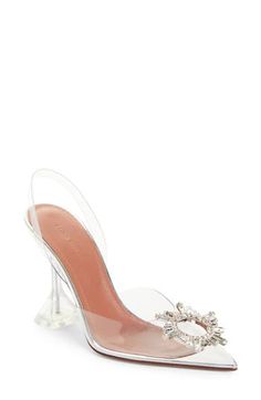 Like something out of a modern fairy tale, this translucent, pointy-toe pump is glammed up with a sparkly brooch inspired by an art deco sunburst mirror. The signature flared heel has the look of a stiletto but is more comfortable and stable to walk on. 4" (102mm) heel (size 39) Synthetic upper/leather lining/leather and rubber sole Made in Italy Designer Shoes Art Deco Sunburst, Amina Muaddi Begum, Modern Fairy, Modern Fairytale, Sunburst Mirror, Rollerball Perfume, Amina Muaddi, Slingback Pump, Walk On