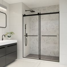 a bathroom with a sink, mirror and walk in shower next to a white tiled wall