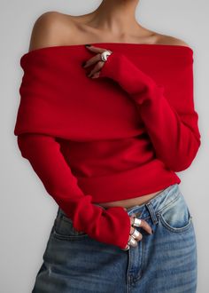 Lizzie Off The Shoulder Top - Red Red Off-shoulder Tops For Fall, Fall Season Red Off-shoulder Tops, Fall Off-shoulder Red Tops, Fitted Off-shoulder Sweater, Casual One-shoulder Winter Top, Chic Red One-shoulder Top, Red Fitted Off-shoulder Top, Red Off-shoulder Tops, Solid Color Knit Off-shoulder Top