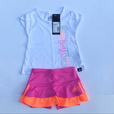 Adorable Baby Girls Adidas Skorts Set , Size 12mo Playful White Fitted Shorts, Playful Fitted White Shorts, White Ruffled Playtime Sets, Cute White Short Sets, White Ruffled Bottoms For Playwear, Adidas Pink Playwear Sets, White Shorts For Playwear In Spring, White Shorts For Spring Playwear, Adidas Pink Sets For Spring