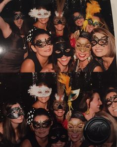 a group of women wearing masks and posing for a photo together at a masquerade party