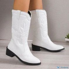 Orcajump - Embroidered High-Cut Western Cowboy Boots with Pointed Toe and Smokestack Heels White Closed Toe Winter Boots, White Fitted Casual Boots, Casual White Fitted Boots, Fitted White Boots With Flat Heel, White Fitted Boots With Flat Heel, White Closed Toe Boots For Fall, White Medium Width Winter Boots, Rough Heels, Low Heel Sandals