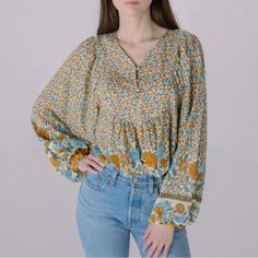 Let Out The Inner Bohemian In This Floral Print Balloon Sleeve Blouse. Peasant Blouse Long Sleeve Balloon Sleeves Half Placket Button Down 100% Cotton Designed In California By Solitaire Wash: Cold & Delicate Balloon Sleeve Blouse, Blouse Long Sleeve, Printed Balloons, Boho Top, Peasant Blouse, Balloon Sleeves, Boho Tops, Floral Printed, Blue Gold