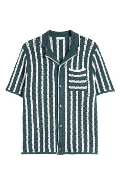 A short-sleeve camp shirt is reimagined for warm weather in a lightweight knit and bold contrasting stripes. Front button closure Notched collar Short sleeves 73% cotton, 27% polyamide Hand wash, dry flat Imported Camp Shirts, Modern Clothing, Design Philosophy, Oversize Casual, London Today, Camp Shirt, Knit Short, Oversized Style, Clothes Crafts