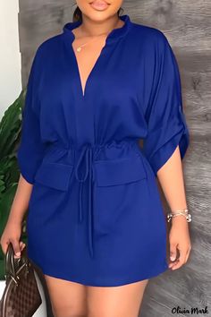 Olivia Mark - Brown Solid V-Neck Waist Skirt Dress Featuring Elegant Drawstring Detail Blue A Line Dress Short, Hot Gowns, Classy Short Dresses, 2piece Outfits, Chic Dress Classy, Short African Dresses, Dress Classy, Design Dresses, Classy Dress Outfits