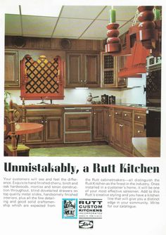 an advertisement for a kitchen with wooden cabinets