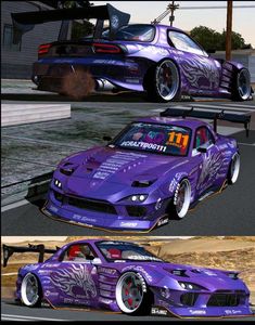 two different pictures of a purple car with flames on the front and side, one is in