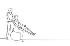 one line drawing of two people sitting on a ball while the other person is holding something