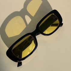 Brand New 90’s Style Sunglasses Never Worn Black Frame Yellow Lenses Yellow Lense Sunglasses, Yellow Shades Sunglasses, Gentle Monster Sunglasses, Polaroid Sunglasses, Vintage Calvin Klein, Louis Vuitton Sunglasses, Sunglasses Logo, Sunglasses Uv Protection, Style Sunglasses