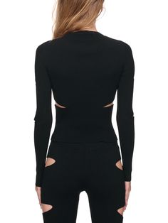 Blumarine Cut-Out Sweater | H.Lorenzo Modern Fitted Crew Neck Sweater, Modern Black Ribbed Top, Black Fitted Sweater With Ribbed Neckline, Fitted Ribbed Modern Sweater, Modern Fitted Ribbed Sweater, Black Ribbed Crew Neck Cropped Sweater, Fitted Modern Ribbed Sweater, Black Long Sleeve Cutout Top, Black Long Sleeve Tops With Cutout