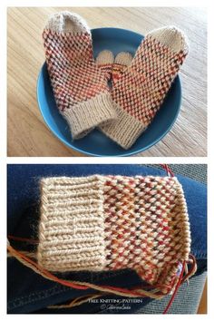 two pictures showing different types of knitted mitts on top of a blue plate