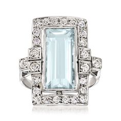 Ross-Simons - C. 2000 Vintage 3.00ct Aquamarine, .75ct t. w. Diamond Cocktail Ring Emerald Cut Size 6.5. C. 2000. Presented by our Estate collection, this magnificent cocktail ring makes a more-than-impressive statement. Showcases a pristine 3.00 carat baguette aquamarine inside a sparkling .75 ct. t. w. round brilliant-cut diamond frame, to further illuminate its crisp blue hue. Crafted in platinum. 7/8" wide. Diamond and aquamarine cocktail ring. Exclusive, one-of-a-kind Estate Jewelry. Aquamarine birthstones are the perfect gift for March birthdays. March Birthdays, Jewelry Aquamarine, Aquamarine Cocktail Ring, Aquamarine Birthstone, Ring Emerald Cut, March Birthday, Diamond Cocktail Ring, Diamond Frame, Ring Emerald