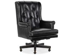 an office chair with black leather upholstered on the back and casteor wheels