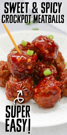 the recipe for sweet and spicy crockpot meatballs is shown on a white plate