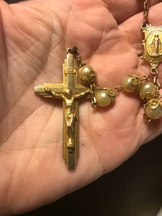 Great vintage rosary! In good vintage condition! Great details! Played in 12 K gold! Vintage Gold Cross Charms And Jewelry, Vintage Gold Rosary As Gift, Antique Gold Rosary As Gift, Vintage Gold Rosary With Crucifix, Memorial Jewelry, Rosary, Vintage Gold, Faux Pearl, Gold Plate